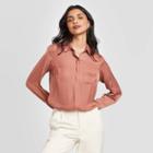 Women's Regular Fit Long Sleeve Collared Satin Blouse - A New Day Blush Brown