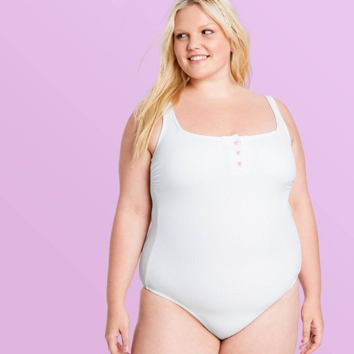 Women's Plus Size Ribbed Henley One Piece Swimsuit - Stoney Clover Lane X Target White