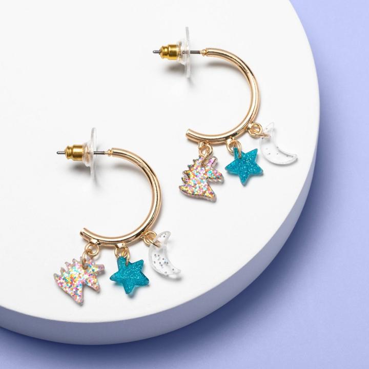 Girls' Half Hoop Charm Earrings - More Than Magic Moon/star/unicorn, Gold