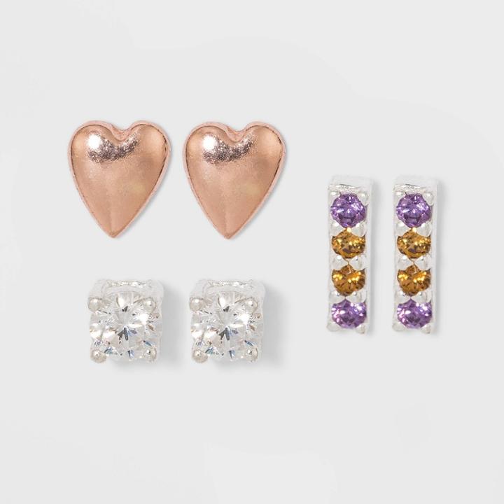 Sterling With Cubic Zirconium Dainty Earring Set 3pc - A New Day Silver, Women's, Pink