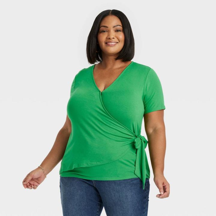 Women's Slim Fit Short Sleeve V-neck Wrap Top - Ava & Viv Green