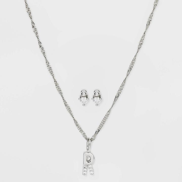Silver Plated Cubic Zirconia 'r' Initial Earring And Pendant Necklace Set - A New Day