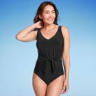 Women's Waist Tie One Piece Swimsuit - Aqua Green Black