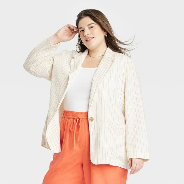 Women's Relaxed Fit Spring Blazer - A New Day Cream Pin Striped Xxl, Ivory Pin