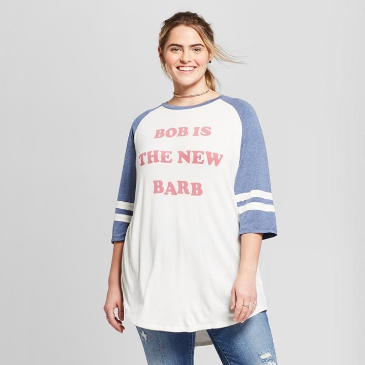 Women's Stranger Things Plus Size Bob Is The New Barb Raglan 3/4 Sleeve Graphic T-shirt (juniors') - White/dark Gray
