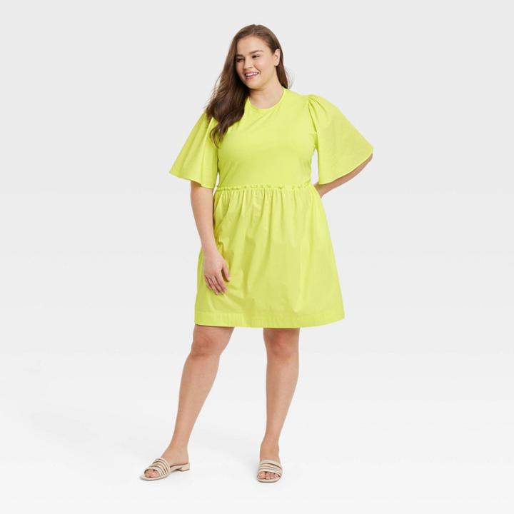 Women's Plus Size Flutter Short Sleeve Knit Woven Dress - A New Day Green