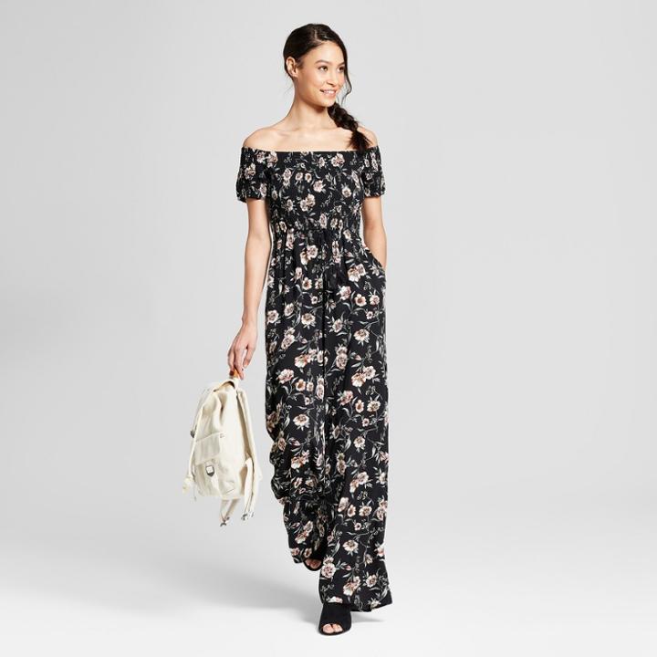 Women's Floral Print Short Sleeve Smocked Off The Shoulder Jumpsuit - Xhilaration Black,
