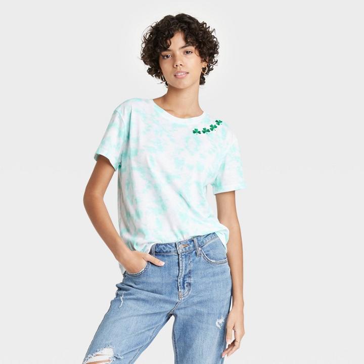 Modern Lux Women's Three Leaf Clover Embroidery Short Sleeve Graphic T-shirt - Green