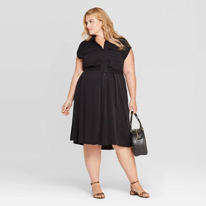 Women's Plus Size Short Sleeve Collared Midi Shirtdress - Ava & Viv Black