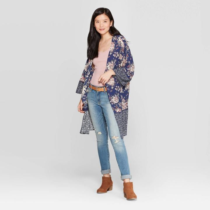 Women's 3/4 Sleeve Printed Kimono With Trim Jacket - Knox Rose Blue