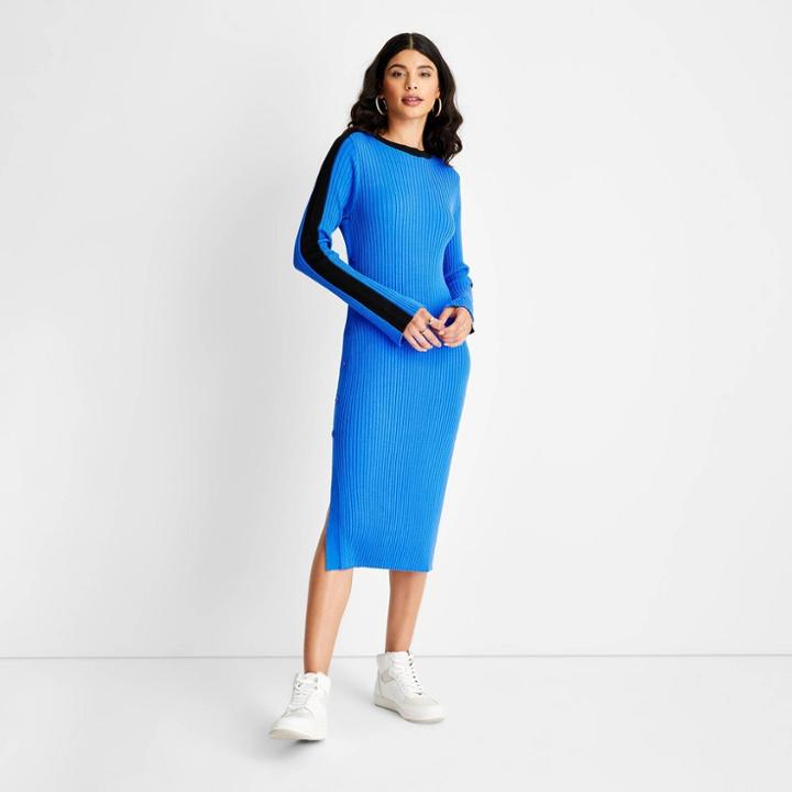 Women's Ribbed Long Sleeve Side Button Sweater Dress - Future Collective With Kahlana Barfield Brown Blue Xxs