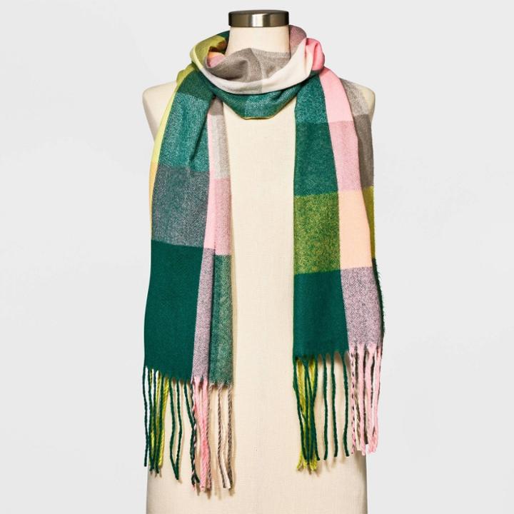 Women's Lightweight Plaid Blanket Scarf - A New Day Pink/green