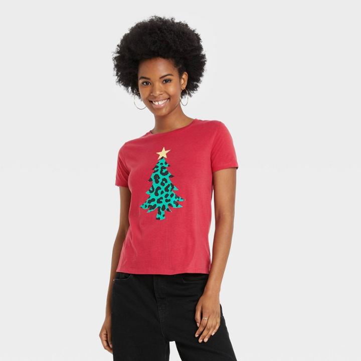 Mighty Fine Women's Christmas Tree Leopard Print Logo Short Sleeve Graphic T-shirt - Red
