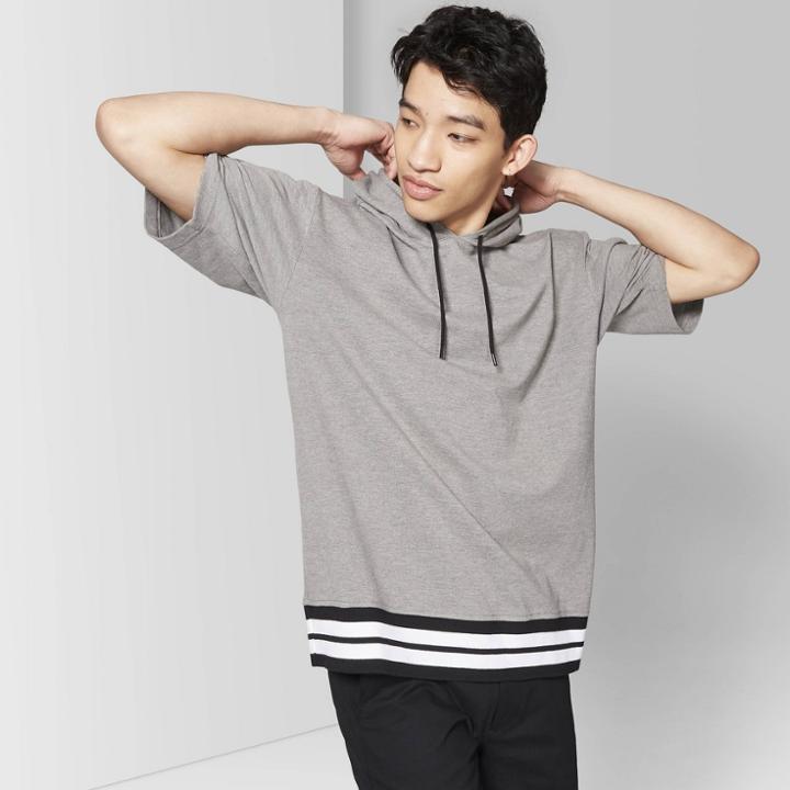 Men's Casual Fit 3/4 Sleeve Rib Hem Hooded Sweatshirt - Original Use Essential Gray