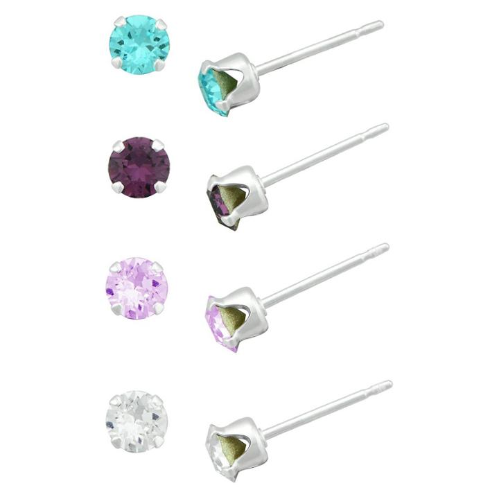 Target Girls' Sterling Silver 4 Pr Crystal Stud Earring Set-clear/amethyst/aqua/violet-4mm, Silver/blue/purple