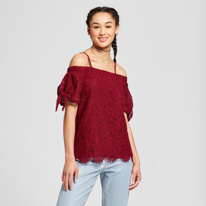 Women's Lace Off The Shoulder Adjustable Strap Short Sleeve Blouse - Miss Chievous (juniors') Red