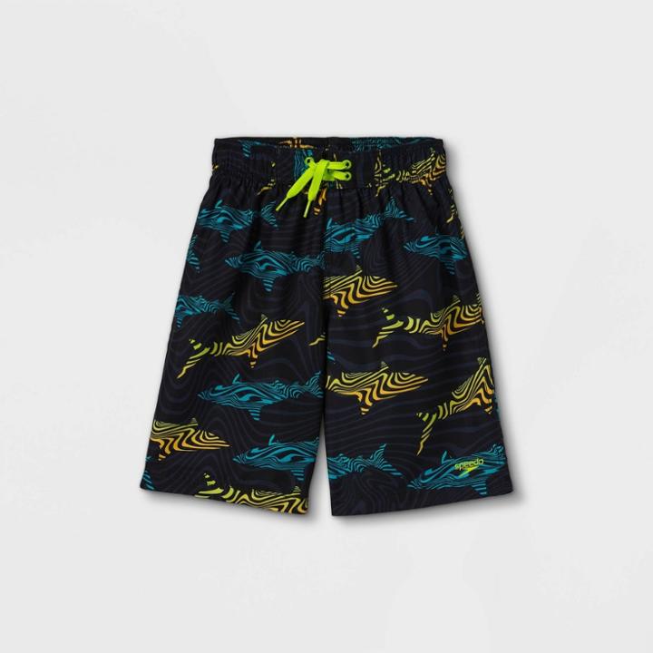 Speedo Boys' Spiral Shark Print 17 Board Shorts - Black