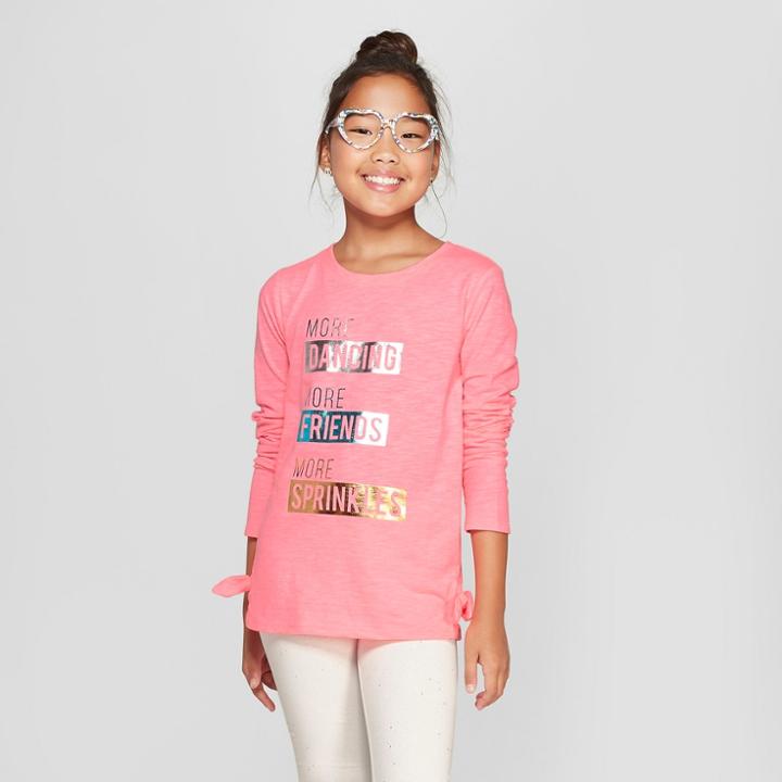 Girls' Long Sleeve Tie Front More Friends Graphic T-shirt - Cat & Jack Coral