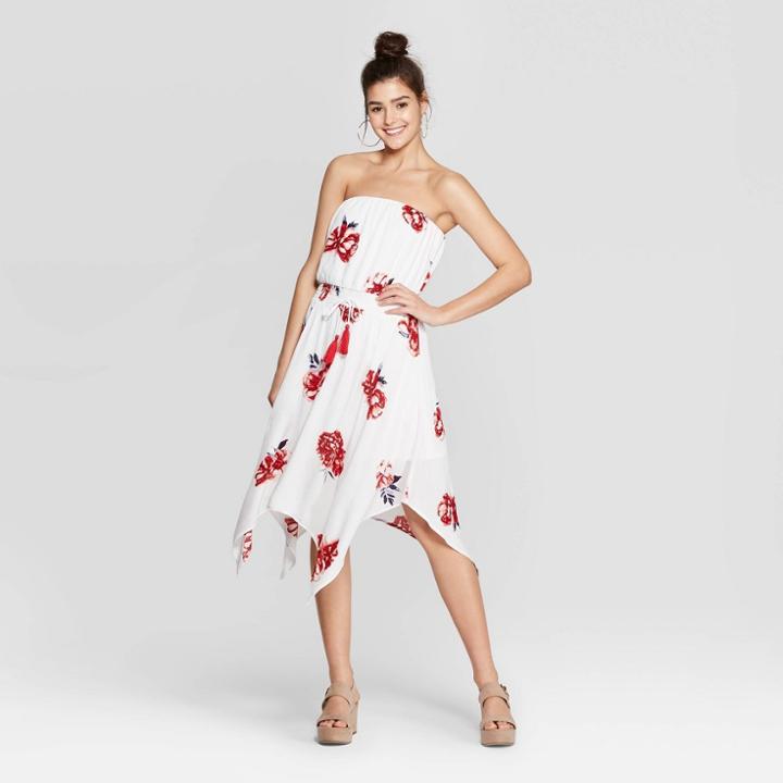 Women's Floral Print Strapless Handkerchief Hem Dress - Xhilaration White