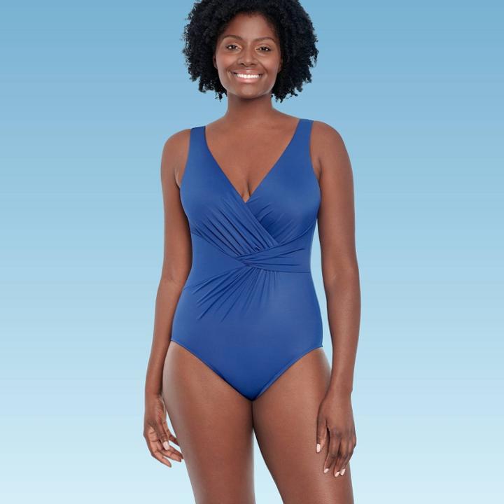 Women's Slimming Control Twist-front One Piece Swimsuit Dreamsuit By Miracle Brands Blue