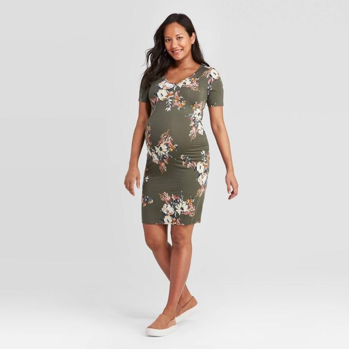 Maternity Floral Print Short Sleeve Side Shirred Dress - Isabel Maternity By Ingrid & Isabel Olive Xs, Women's, Green