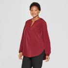 Women's Plus Size Long Sleeve Woven Popover - Ava & Viv Burgundy (red)