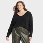 Women's Plus Size Lightweight V-neck Pullover Sweater - A New Day Black