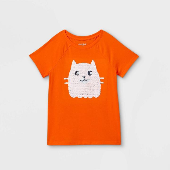 Girls' Flip Sequin Halloween Cat Short Sleeve T-shirt - Cat & Jack Orange