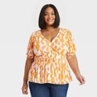 Women's Slim Fit Puff Elbow Sleeve V-neck Mesh Top - Ava & Viv Orange Abstract