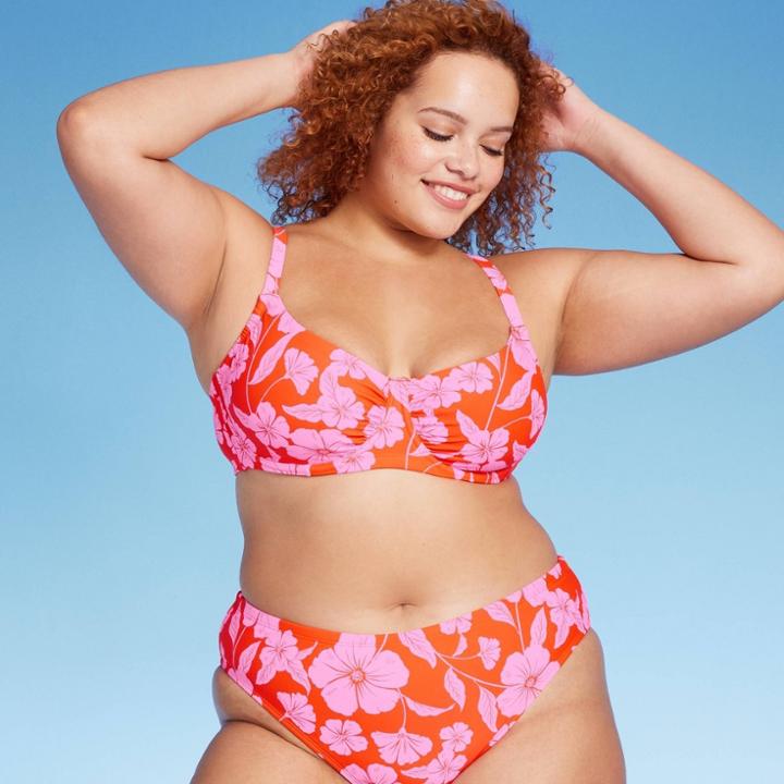 Women's Shirred Underwire Bikini Top - Wild Fable Orange/pink Tropical Print