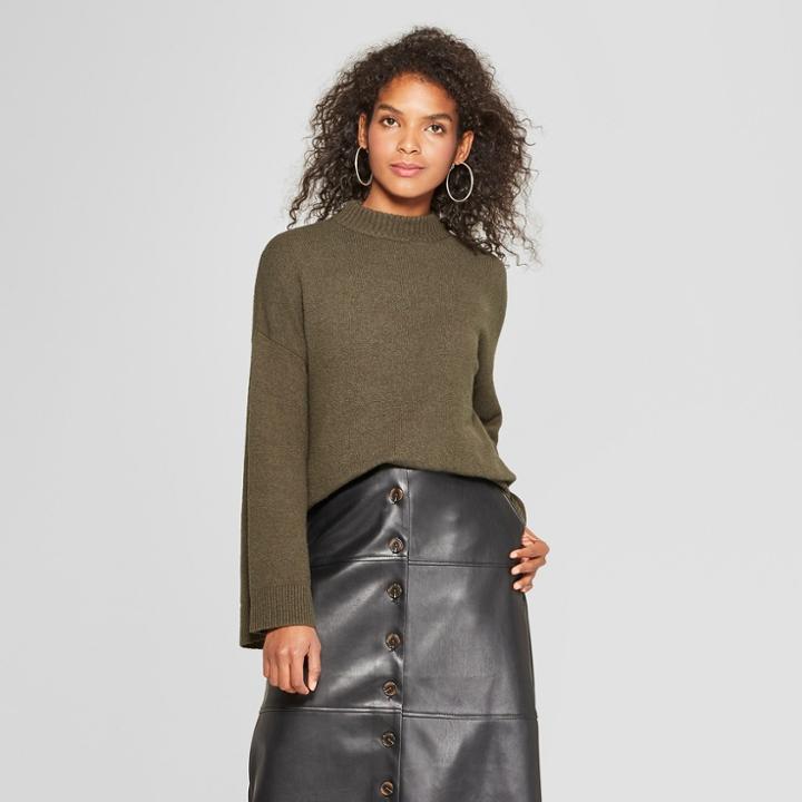 Women's Long Wide Sleeve Pullover Sweater - Who What Wear Olive (green)