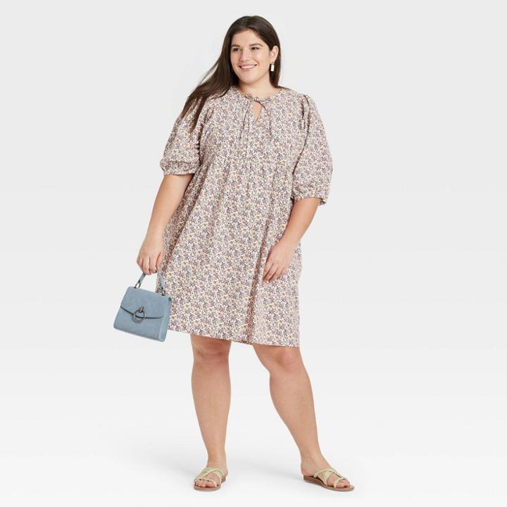 Women's Plus Size Floral Print Puff Elbow Sleeve Babydoll Dress - Universal Thread Burgundy