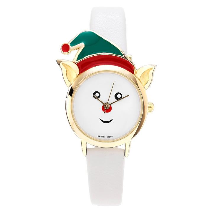 Women's Geneva Platinum Elf Face Leather Strap Watch - White