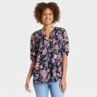 Women's Short Sleeve Smocked Button-front Top - Knox Rose Navy Floral Xs, Blue Floral