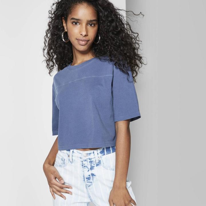 Women's Short Sleeve Crew Neck Football T-shirt - Wild Fable Blue