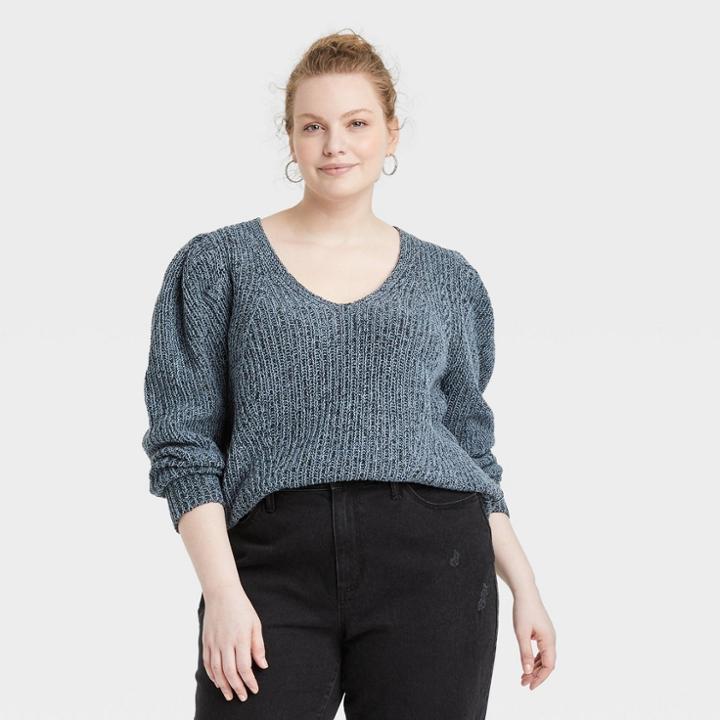 Women's Plus Size V-neck Pullover Sweater - Universal Thread Blue