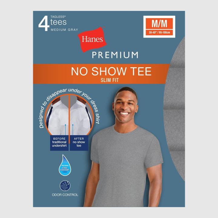 Hanes Premium Men's Slim Fit Crew Neck T-shirt Undershirt With Wicking Freshiq - Heather Gray