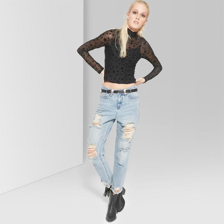 Women's Long Size Star Print Sheer Mock Neck Top - Wild Fable Black