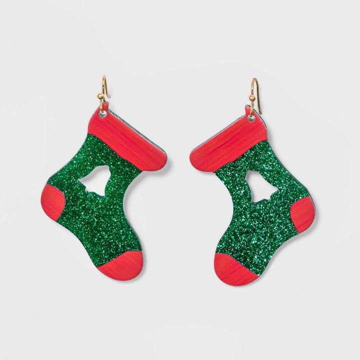 No Brand Glitter Stocking Drop Novelty Earrings - Green, Women's
