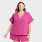 Women's Plus Size Short Sleeve Blouse - Universal Thread Pink