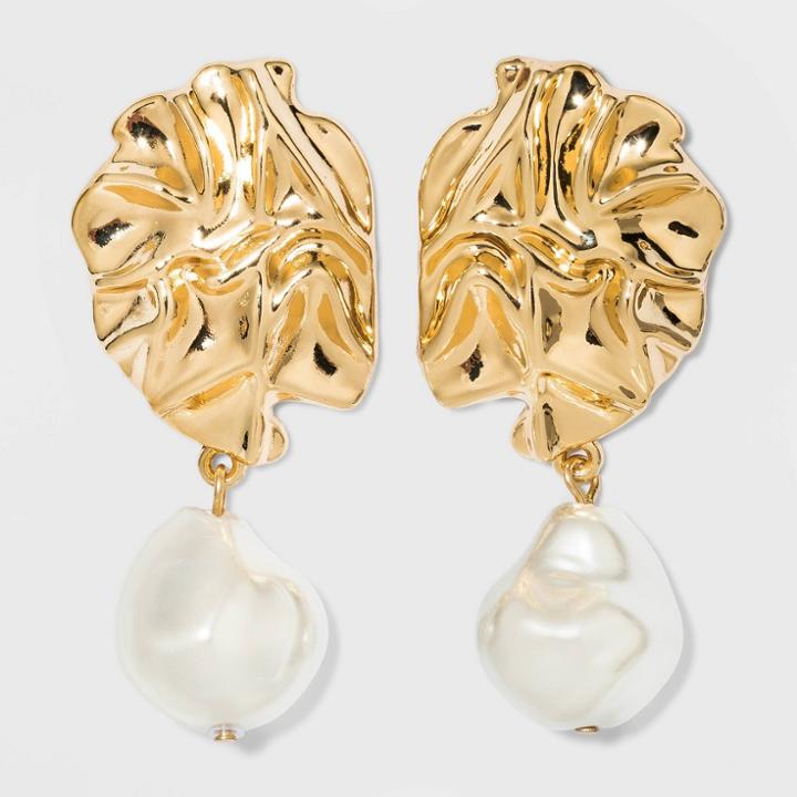 Hammered Metal And Pearl Post Earrings - A New Day Gold, Gold/grey/white
