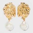 Hammered Metal And Pearl Post Earrings - A New Day Gold, Gold/grey/white
