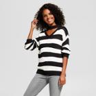 Women's Striped Choker V-neck Pullover Sweater - Nitrogen Black/white