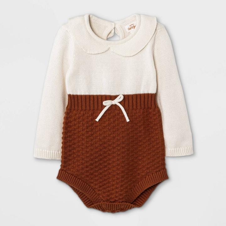 Baby Girls' Peter Pan Collar Sweater Romper - Cat & Jack Brown Newborn