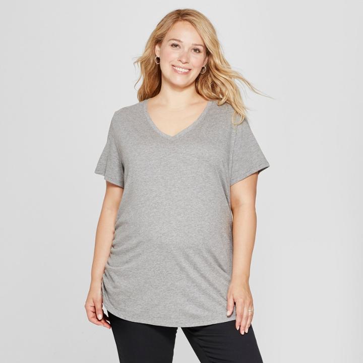 Maternity Plus Size Short Sleeve Shirred V-neck T-shirt - Isabel Maternity By Ingrid & Isabel Medium Gray Heather