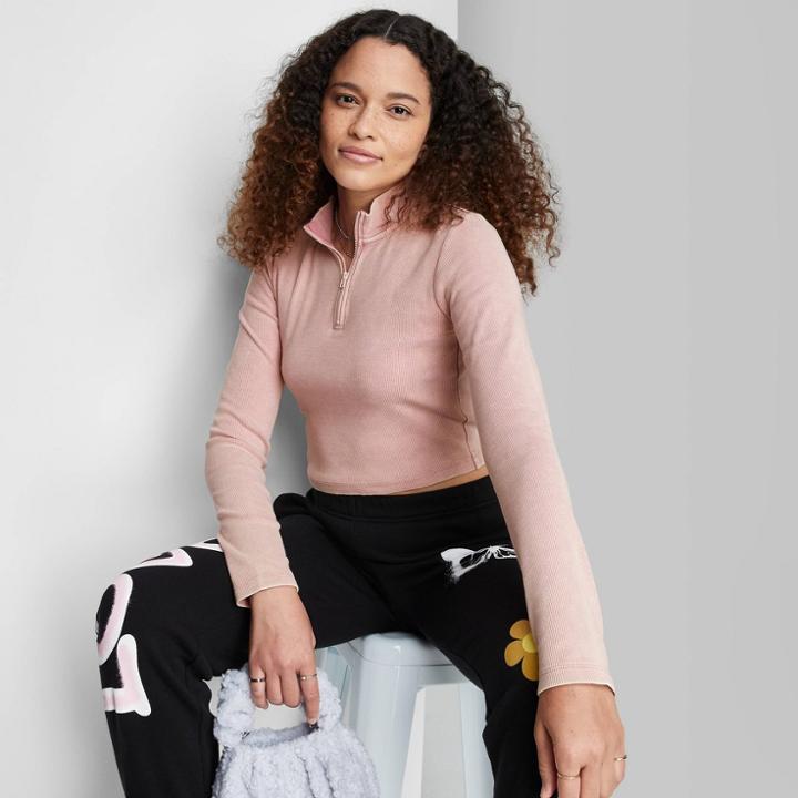 Women's Long Sleeve Quarter Zip Tiny Top T-shirt - Wild Fable Rose Pink