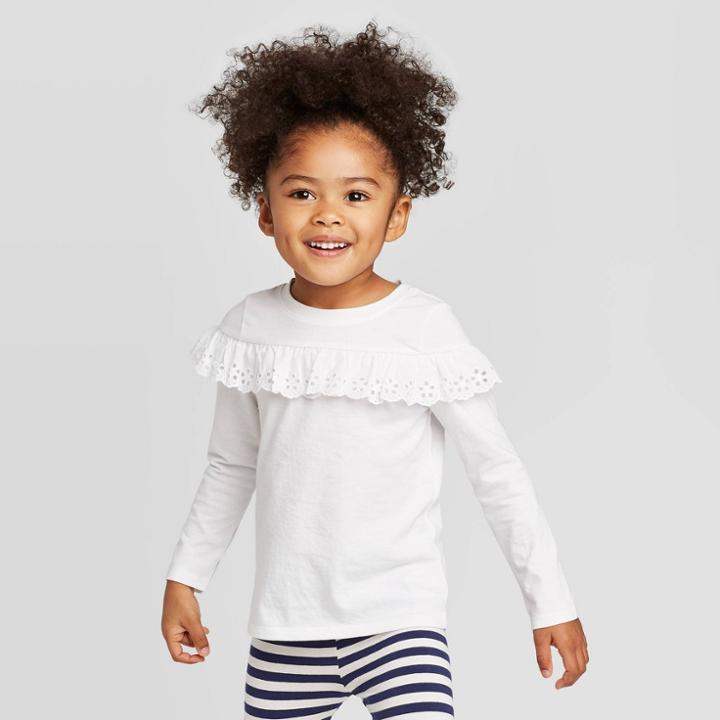 Toddler Girls' Long Sleeve Eyelet T-shirt - Cat & Jack White 12m, Toddler Girl's