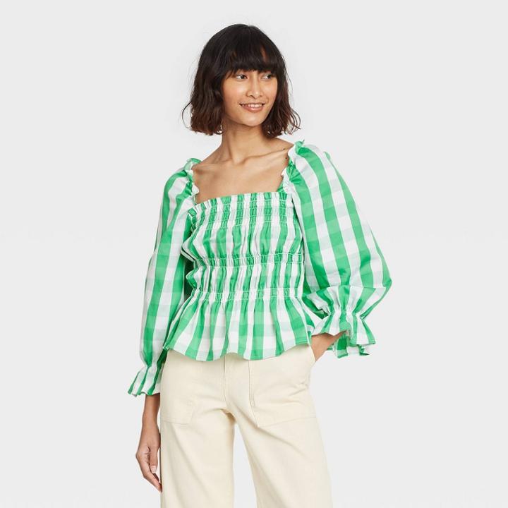 Women's Gingham Print Puff 3/4 Sleeve Smocked Peplum Top - Who What Wear Green