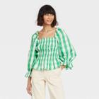 Women's Gingham Print Puff 3/4 Sleeve Smocked Peplum Top - Who What Wear Green
