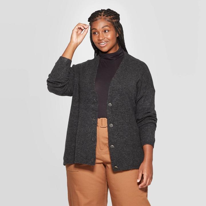 Women's Plus Size Long Sleeve Open Layering Button Front Cardigan - Ava & Viv Dark Heather Gray 1x, Size: 1xl, Dark Grey Gray